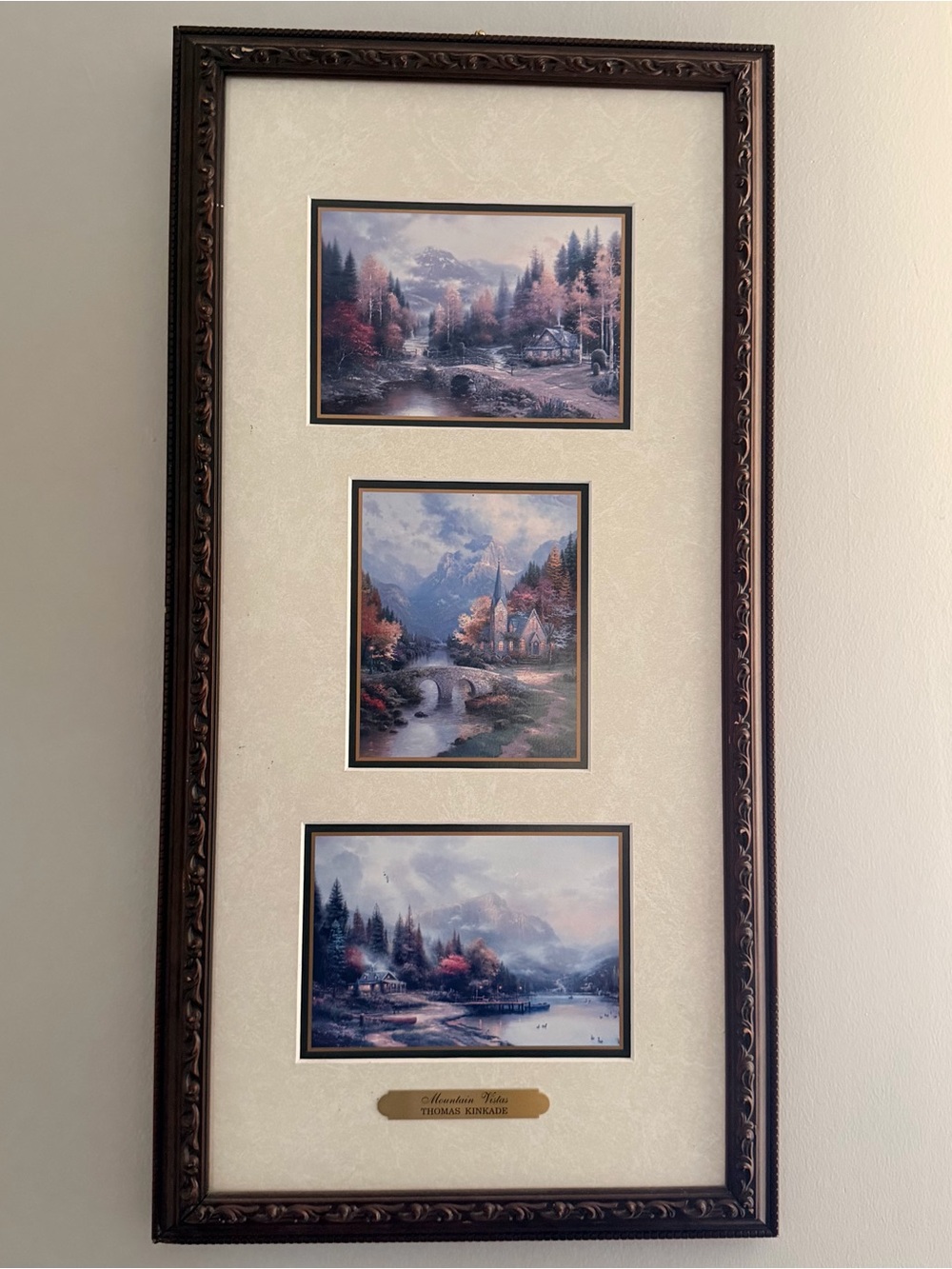 Thomas Kinkade  Framed Triptych Landscape Wall Art - Brown Frame, Beige Mat